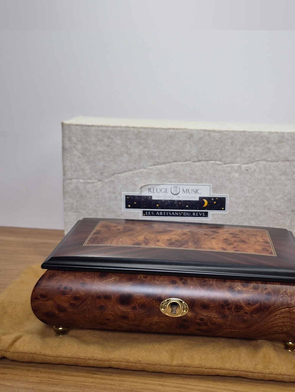 NOS Reuge Swiss Music Box Plays Unforgettable Tune- Burl Wood - NIB Gorgeous